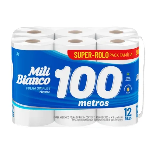 PAPEL HIGIENICO MILI BIANCO NEUTRO FOLHA SIMPLES 100 METROS 12 ROLOS
