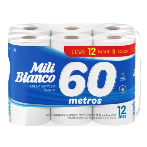 PAPEL HIGIENICO MILI BIANCO FOLHA SIMPLES NEUTRO 60 METROS 12 ROLOS
