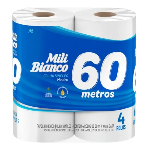 PAPEL HIGIENICO MILI BIANCO FOLHAS SIMPLES 60 METRO 4 ROLOS