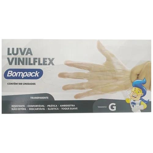 LUVA DESCARTAVEL BOMPACK VINILFLEX TRANSPARENTE G 100UN