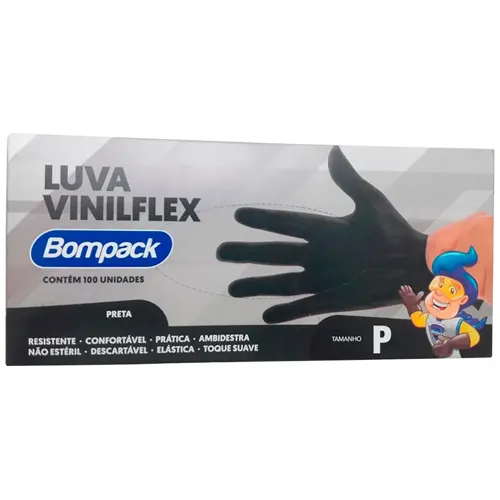 LUVA BOMPACK VINILFLEX SEM PO PRETA P 100 UN